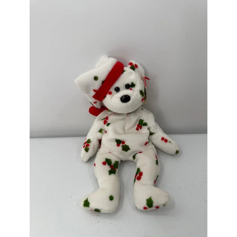Ty Beanie Baby 1998 Holiday Teddy White Holly Berry Christmas Bear Plush 8.5 in